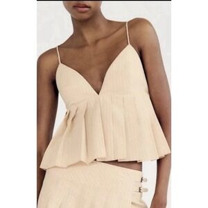 NWT Zara XL Cotton Pleated Spaghetti Crop Top Beige Striped Festival Deep V Neck